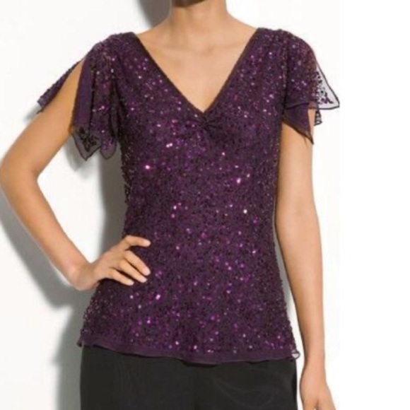ADRIANNA PAPELL Silk Sequin Purple V Neck Formal Dressy Cocktail Top LG Wedding - Picture 3 of 17